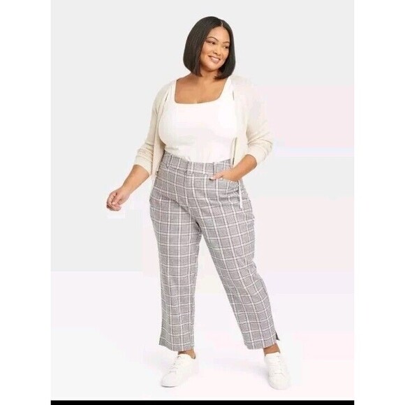 🐻 Ava & Viv Women's Cream Plaid High Rise Ankle Tapered Pants Sz: 24 NWT - Picture 1 of 9